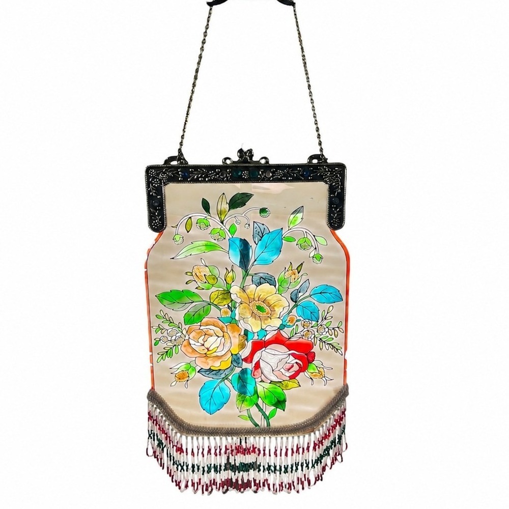 Amia Stained Glass Floral Evening Bag Small Multicolor Excellent Beaded Fringe